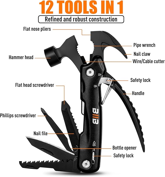 BIIB Gifts for Men, 12 in 1 Hammer Multitool Birthday Gifts for Men Camping Essentials, Mens Gifts for Him, Husband, Grandpa, Gifts for Dad Who Wants Nothing, Cool Gadgets Camping Stuff Survival Tools