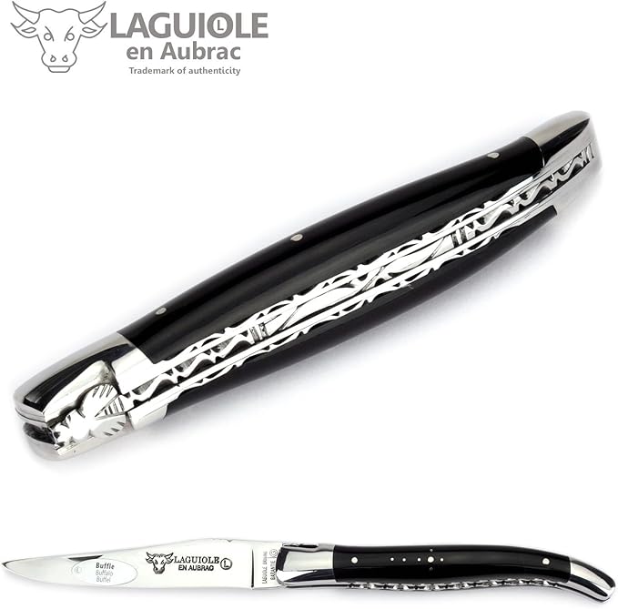 handmade knife 12 cm - double platines - buffalo horn handle - blade and bolsters stainless steel shiny
