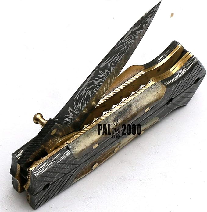 PAL 2000 KNIVES FOL-8897 Handmade Damascus Steel Blade Folding Pocket Hunting Knife with Sheath