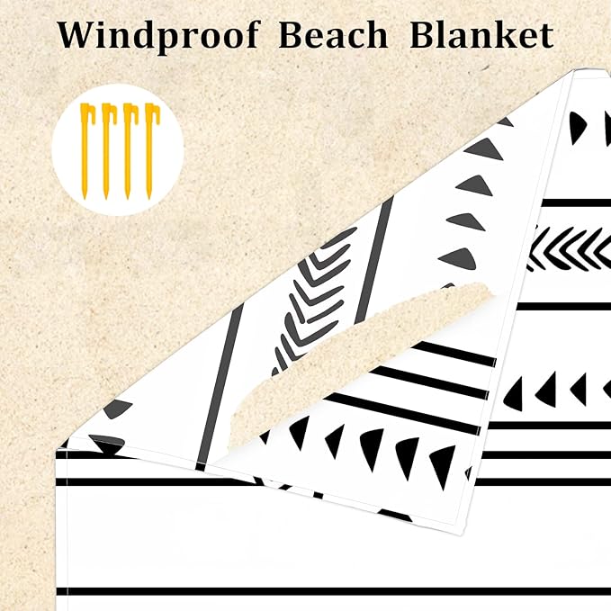 Large Beach Blanket for 1-4 Adults, 78''×86'' Waterproof Sandproof Beach Blankets with 4 Stakes & 4 Corner Pockets, Polyester Lightweight Foldable Outdoor Picnic Mat for Travel, Camping, Hiking