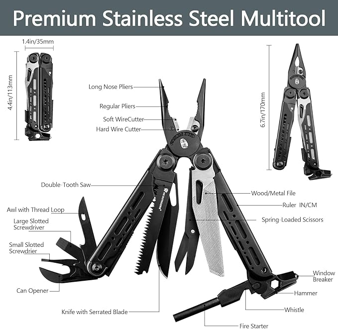 HX OUTDOORS 19 In 1 Pocket Multi Tool, Stainless Steel Multitools Pliers with Fire Starter and Glass Breaker, Folding EDC Camping Survival Tools for Men (Black)