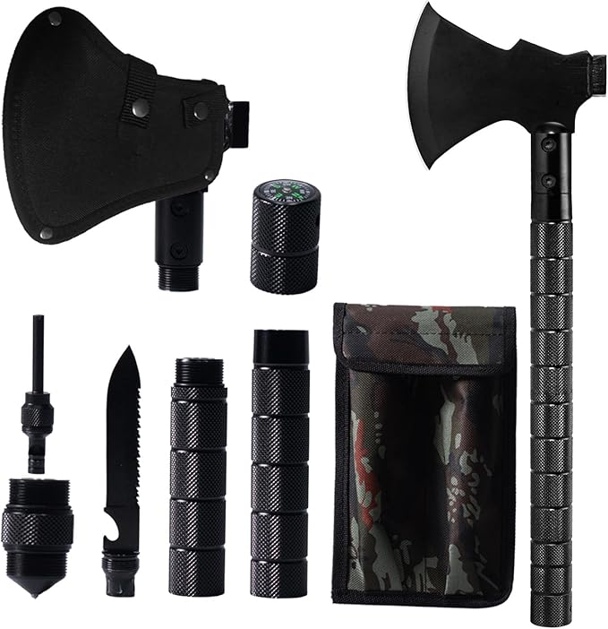 Multi-Purpose Survival Hatchet, Camping Hatchet with Sheath, Folding Tactical Hatchet, Carbon Steel Camping Axe with Hammer, Survival Axe for Outdoor, Hunting, Adventure, Emergency
