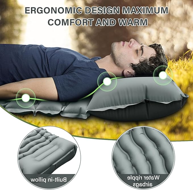 Camping Sleeping Pad, Ultralight Camping Mat with Pillow Built-in Foot Pump Inflatable Sleeping Pads Compact for Camping Backpacking Hiking Traveling - Gray