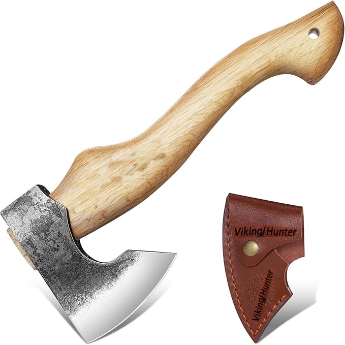 Handmade Small Hatchets Axe Mini Viking Axe Carbon Steel Short Handle 12 Inch Forest Bushcraft Tool with Leather Sheath Camping Bearded Hunting Chopping Axe for Gifts (VK-Ax-8)