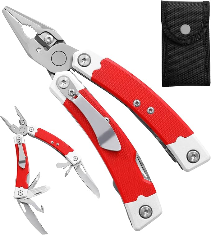 G10 Handle Multitool Pliers with YG10 Tungsten Steel Replaceable Wire Cutters 12 in 1 Multi Tool Pocket Knife with Safety Lock,Saw,Bottel Opener for Camping,Survival with Nylon Sheath (red)