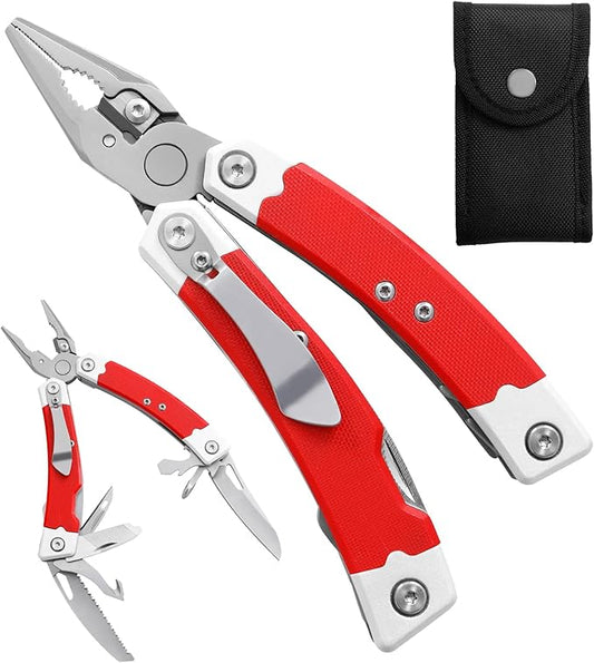 G10 Handle Multitool Pliers with YG10 Tungsten Steel Replaceable Wire Cutters 12 in 1 Multi Tool Pocket Knife with Safety Lock,Saw,Bottel Opener for Camping,Survival with Nylon Sheath (red)