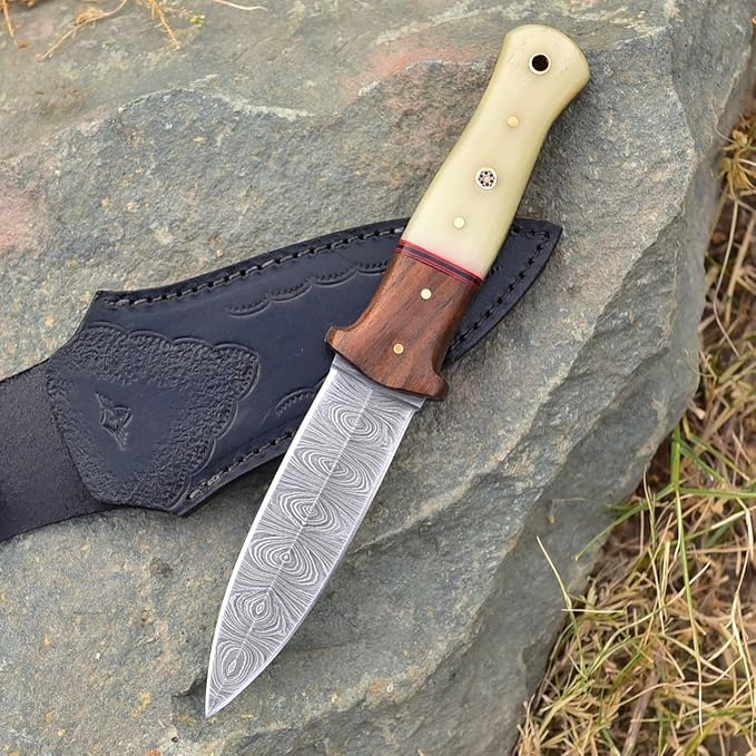 Handmade Hunting Double Edge Dagger Knife Damascus Steel Knife 8.75 Inches EDC Fixed Blade Boot Knife with Clip Leather Sheath G-508 (White Bone)