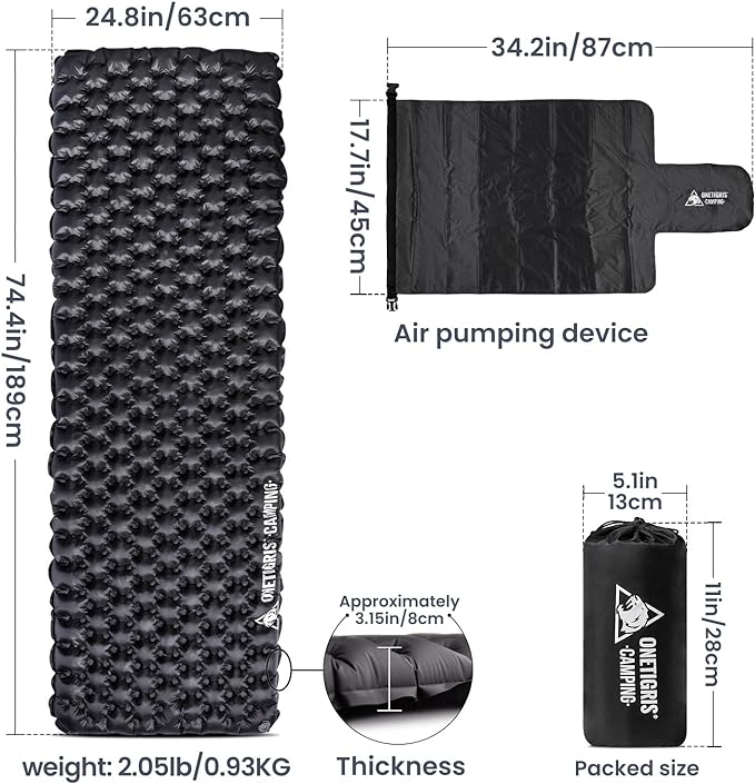 OneTigris Obsidian Ultralight Sleeping Pad, 5.2R Insulated, Inflatable Camping Backpacking Sleeping Mat Weighs 2.05lb, 74.4" x 24.8"