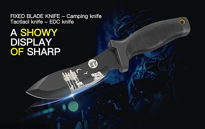 Fixed Blade Hunting Knife, Black High Hardness Plastic Handle with Sheath,Suitable for Hiking, Adventure, Survival and Collection (Black)