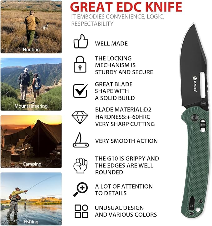 Ganzo G768PT-GB EDC Folding Pocket Knife Razor Sharp D2 Stainless Steel Black Blade G10 Handle with Clip Outdoor Foldable Pocket Knife Hunting Fishing Hiking Gear Best Gift for Men (Green)