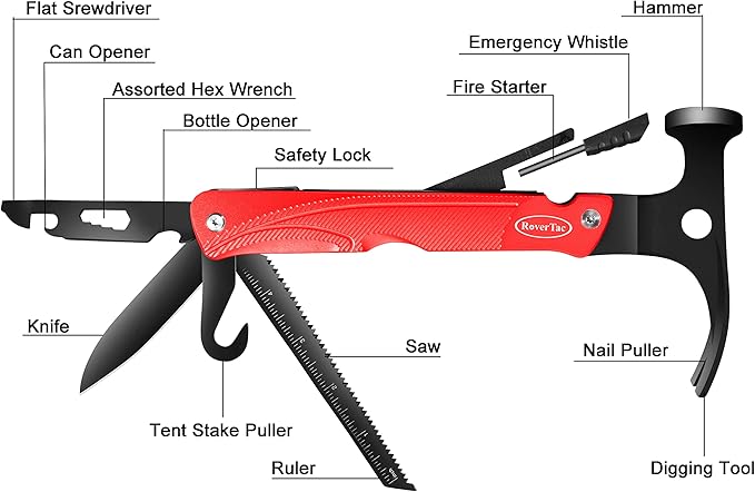RoverTac 13-in-1 Multi Tool Gifts for Men Dad Camping Essentials Survival Gear Garden Multitool Hammer Knife Saw Tent Stake Puller Digging Tool Bottle Opener Whistle Fire Starter Mens Gifts