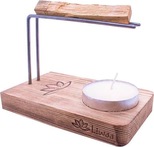 Handcrafted Palo Santo & Sage Holder - Keeps Palo Santo Burning Longer - Natural Wood Burner Holder - Includes Palo Santo Stick, Large Tea Candle & Daily Affirmations - Ideal Spiritual Meditation Gift