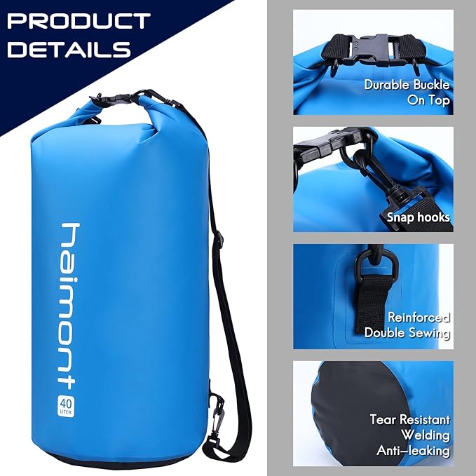 Haimont Waterproof Dry Bag Floating Dry Sack Roll Top Drybag Backpack for Kayaking, Rafting, Boating, Fishing with IPX8 Waterproof Phone Case, Blue, 40L