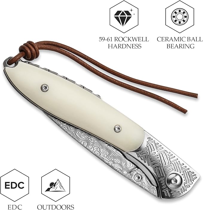 EDC Folding Pocket Knife with Leather Sheath,Handmade Damascus Steel Blade,Bone Handle Thumb Stud Knives for Men Hunting, Piscis Austrinus-02W