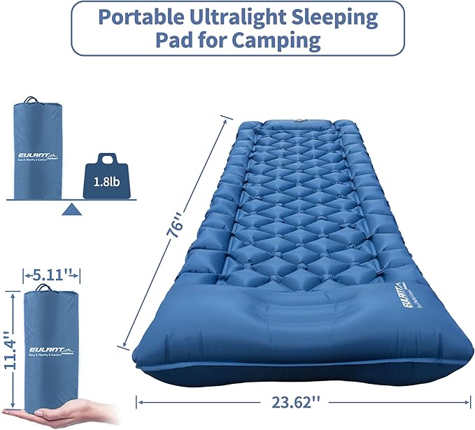 Single Sleeping Pad for Camping, Ultralight Inflatable Sleeping Mat with Pillow and Built-in Foot Pump, Portable Camping Mattress for Tent, Backpacking, Hiking, Traveling（Blue）