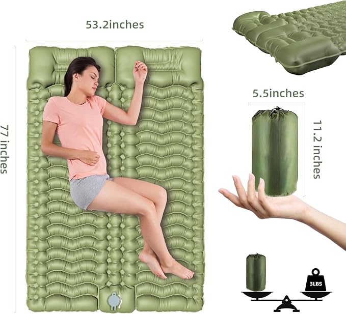 Double Sleeping Pad for Camping, Self-Inflating Sleeping Mat with Built-in Foot Pump, Air Mattress with Pillows, Foldable Camping Sleeping Pad for Hiking, Backpacking, Traveling (Green)