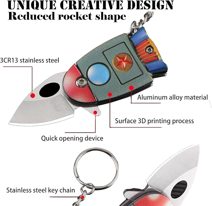 Rocket Shaped EDC Knife, Cool Key Chain Knife, Pocket Knife with Stainless Steel Blade, Suitable for Wilderness Survival, Collection, Daily Use and Outdoor Travel (Colorful)