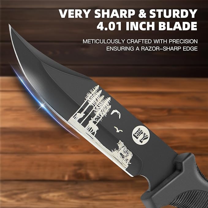 Fixed Blade Hunting Knife, Black High Hardness Plastic Handle with Sheath,Suitable for Hiking, Adventure, Survival and Collection (Black-forest)