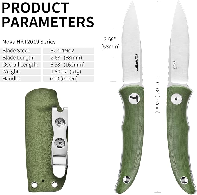 TONIFE Nova 2.68'' Blade Mini Neck Knife Knife Full Tang Fixed Blade Knife with Kydex Sheath and Adjustable Paracord Lanyard for Camping Outdoor Survival Tool (Green+Satin)