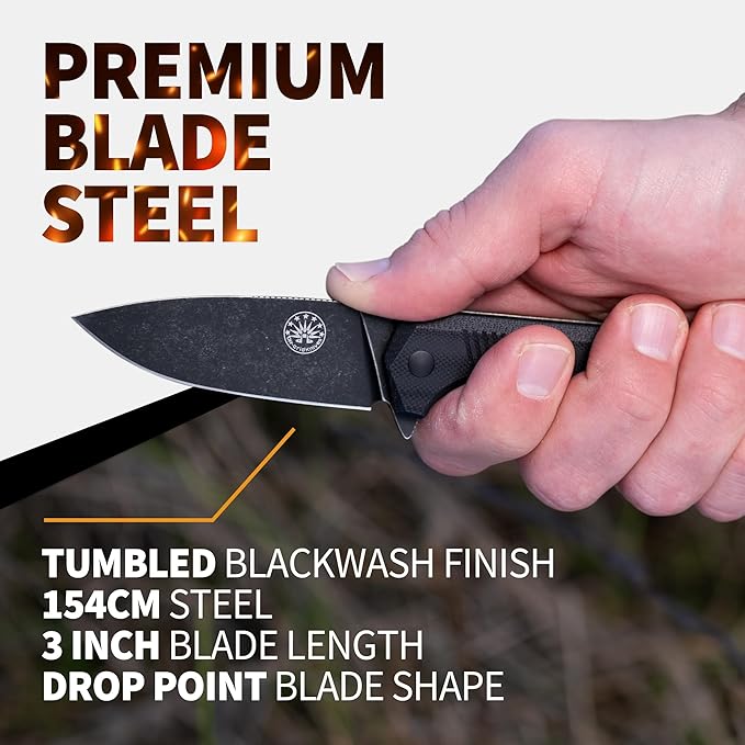 Off-Grid Knives - Stinger EDC Folding Knife with Drop Point Blade, Full Flat Grind, Crucible 154CM Steel, G10 Scales, Deep Carry Clip, Everyday Carry (Blackout)