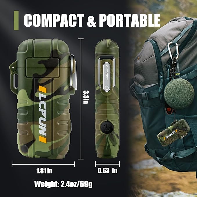 LcFun Electric Lighter USB Rechargeable Arc Lighter Windproof Plasma Lighters with LED Battery Display, Waterproof Electronic Flashlight Lighter with Whistle for Camping, Survival Tactical Gear