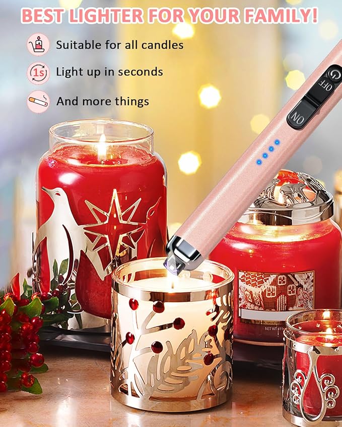 Electric Candle Lighter Rechargeable Lighters - Dual Arc Plasma Lighter Windproof & Flameless with Double Safety Switch(Rose Gold)