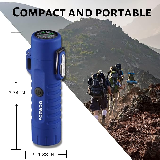 YOZWOO Dual Arc Lighter Rechargeable Plasma Electric Lighter Waterproof Windproof Flameless Cool Lighter with LED Flashlight and Survival Compass for Outdoor,Camping, Hiking,Traveling（Blue）