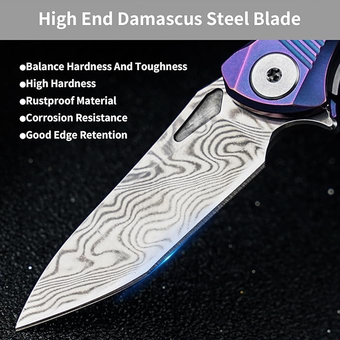 HX OUTDOORS Mini Pocket Knife, High End Damascus Steel Small Folding Knife with Non Slip Titanium Alloy Handle (Blue)
