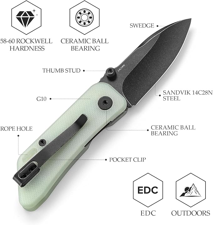 Folding EDC Knife for Men, Camping Pocket Knife with Clip，2.32" 14C28N Steel Blade，G10 Handle，Bootes-03B