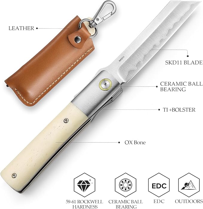 Higonokami Knives Folding Pocket EDC Knife for Men, 3.66" SKD11 Steel Blade, Ti Ring & Handmade OX Bone & Ti Bolster Handle,Leather Sheath for Camping Hiking knife, Kira-02W