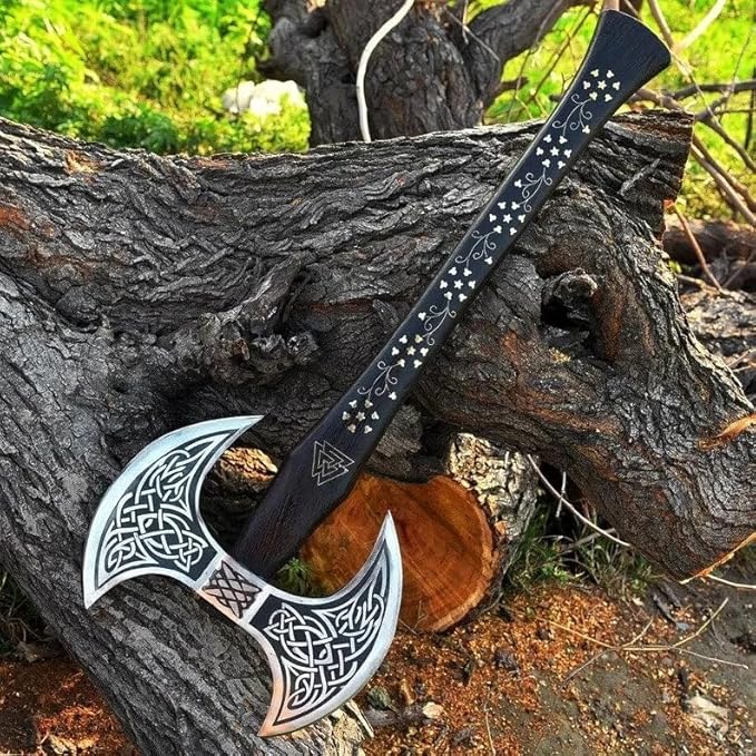 Camping Axe Tomahawk Viking Axe Long Double Edge Head Viking Axe Twin Blade Axe with Rose Wood Handle on Brass Work with Leather Sheath