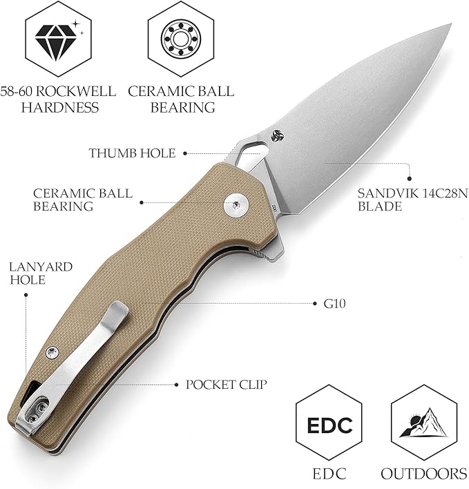 Folding Pocket Knife for Men, EDC Knife with Clip，Camping Tool, 3.16" Sandvik 14C28N Steel Blade，G10 Handle，Corvus-03N