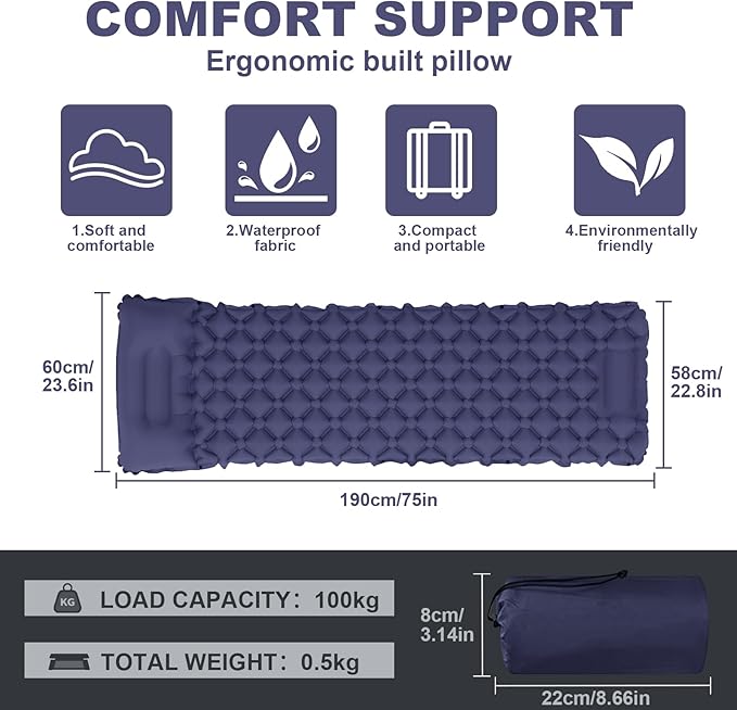 Self Inflating Sleeping Mat for Camping 75"x22" Sleeping Pad with Built-in Pump Lightweight Compact Waterproof Air Mattress for Traveling,Trekking, Hiking, Tent, Single/Adult Camping Gear