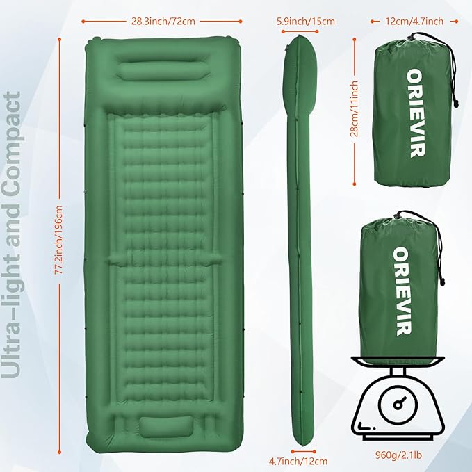 Camping Sleeping Pad, Self Inflating Air Mattress Extra Thickness 4.7 Inch Single Sleeping Pad for Camping with Pillow Built-in Foot Pump Inflatable Camping Mattress for Tent Hiking Traveling