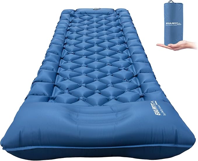 Single Sleeping Pad for Camping, Ultralight Inflatable Sleeping Mat with Pillow and Built-in Foot Pump, Portable Camping Mattress for Tent, Backpacking, Hiking, Traveling（Blue）