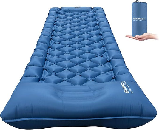 Single Sleeping Pad for Camping, Ultralight Inflatable Sleeping Mat with Pillow and Built-in Foot Pump, Portable Camping Mattress for Tent, Backpacking, Hiking, Traveling（Blue）