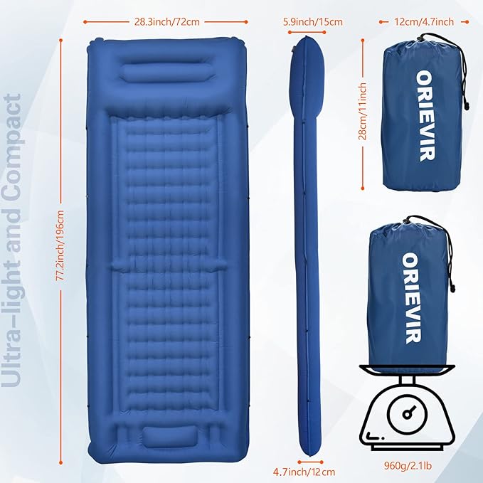 Camping Sleeping Pad, Self Inflating Air Mattress Extra Thickness 4.7 Inch Single Sleeping Pad for Camping with Pillow Built-in Foot Pump Inflatable Camping Mattress for Tent Hiking Traveling