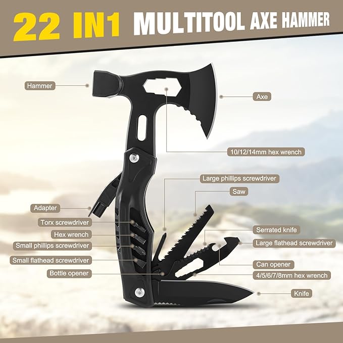 Camping Multitool Hatchet, 22 in 1 Super Hardened Stainless Steel Multitool Hammer Axe with Safety Locking, Upgrad Hidden Portable Camp Survival Hatchet Screwdriver Set with Nylon Sheath