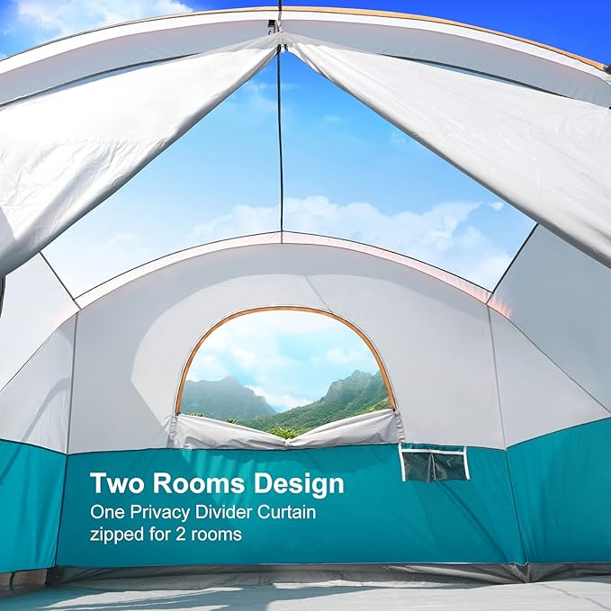 UNP Camping Tent 8/9 Person, Family Camping Tent, 5 Large Ventilation Mesh Windows, 14'x14'x78 inches Tall with Dividers Curtain for 2 Room