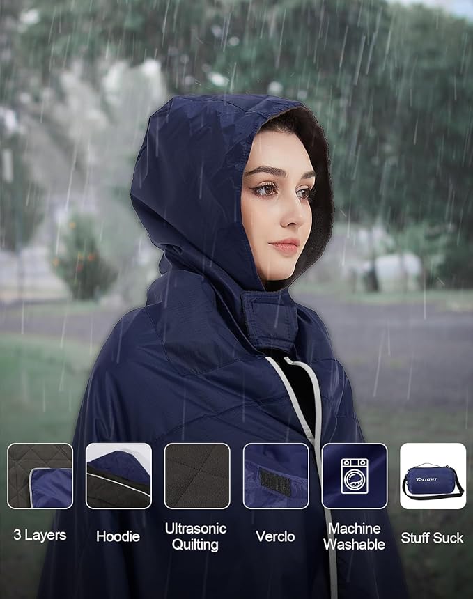 C-LIGHT Outdoor Hoodie Blanket - Stadium Blankets Waterproof Windproof - 79’‘x59’‘ Warm Blanket for Rain&Cold weather - Perfect for Picnic, Camping, Outdoor Sports Event, Stadium, Beach (DarkNavyBlue)