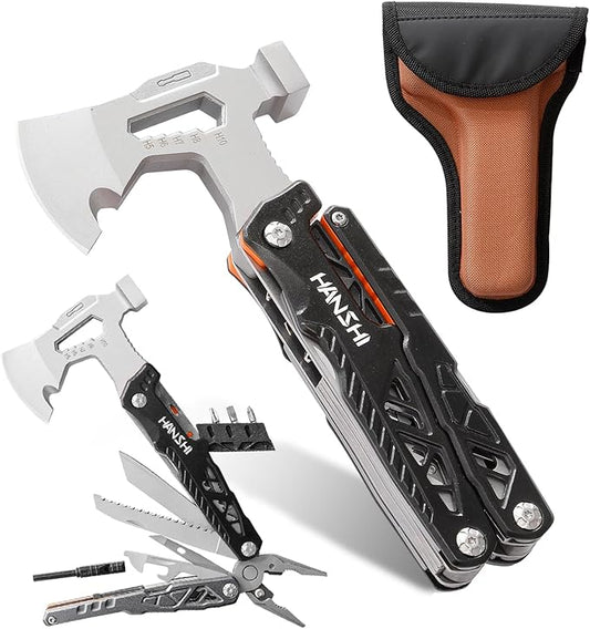 Camping Axe Multitool with YG10 Tungsten Steel Replaceable Wire Cutters for Gift,17 in 1 Multi Tool with Spring-Action Pliers,Knife,Screwdriver,Flint Rob,Safty Whistle with Nylon Sheath (Black)