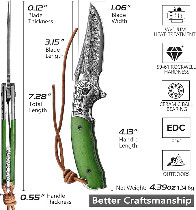 Damascus Folding Knife with Leather Sheath,3.2'' Blade Green Bone Handle Handmade Traditional Pocket Knives for Men Hunting EDC, Puppis-02G