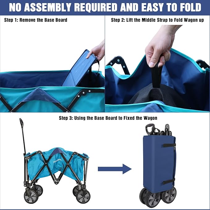 HAUSHOF Heavy Duty Collapsible Wagon, Folding Outdoor Utility Wagon, Camping Garden Beach Cart with Universal Quick Release Wheels, Adjustable Handle, 176 lbs Load Capacity, Blue