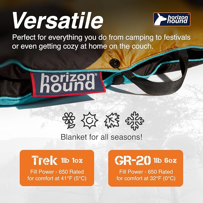 Horizon Hound Down Camping Blanket - Outdoor Travel Blanket | Sustainable Insulated Down | Lightweight & Warm Quilt for Camping, Stadium, Hiking & Festival | Water Resistant, Packable & Compact