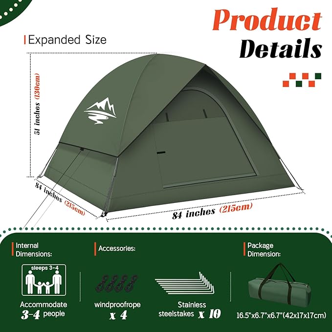Tents for Camping 3-4 Person with Rainfly, Camping Tents 100% Waterproof Windproof, Not Crowded for 2 Person Camping Tent, Outdoor Dome Tent Easy Setup, Backpacking Tent for Adventure Backyard