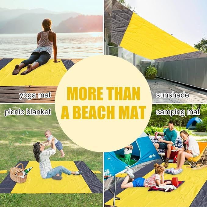 Yonge & Finch Large Beach Blanket Sandproof Heat-Resistent Beach Mat Machine Washable Camp Blanket Packable Pocket Blanket Waterproof Outdoor Blanket Fit 4-7 Persons 83 * 79inch Yellow