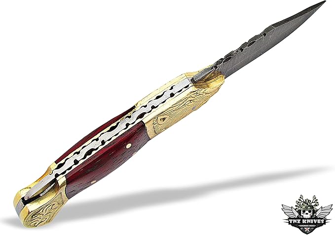 TNZ-524 Damascus Handmade Pocket Engraved Bolsters Folding Knife 4" Blade, 8.5" Overall ,8 oz, Padauk Wood Handle With Leather Cover >>>> TNZ Hand Made Damascus knives