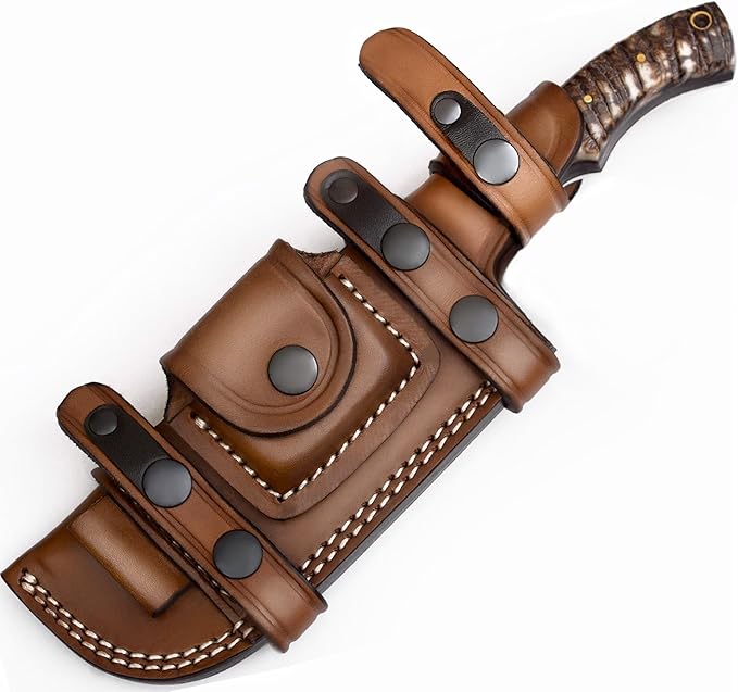 Ottoza Tracker Knife & Ram Horn Handle - Fixed Blade Hunting Knife - Horizontal Carry Knife Sheath 376