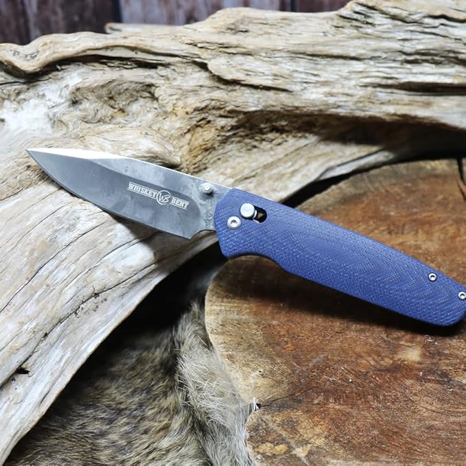 WHISKEY BENT HAT CO. Catch Pin Lock Folding Pocket Knife w/Clip Drop Point Blade Thumbstud Opening 440C Stainless Steel (Naval, 4.5" - Closed Length)