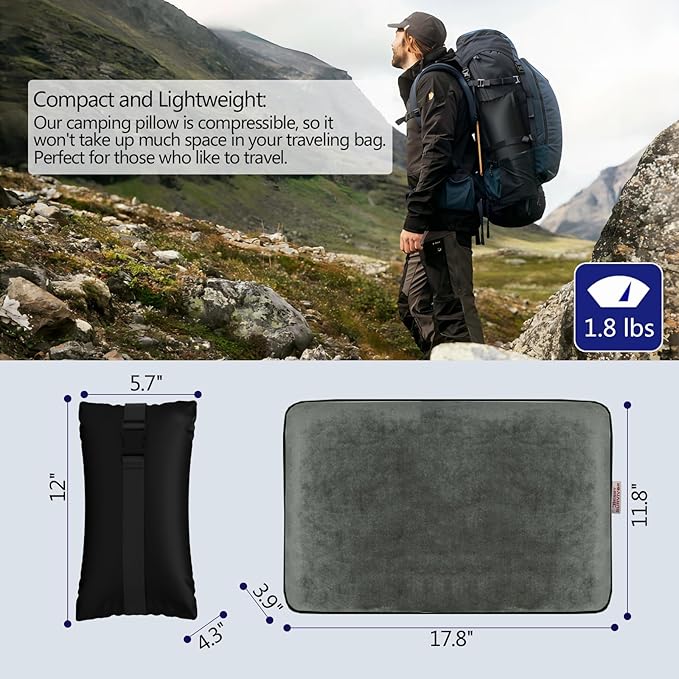 Compressible Travel Pillow, Memory Foam Camping Pillow, Contoured Support, Breathable Cover, Lightweight Easy-to-Carry for Backpacking, Airplane, Car